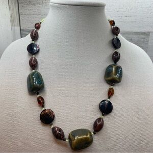 Unsigned Boho Glazed Ceramic Necklace Beaded Blue Green 23” Long